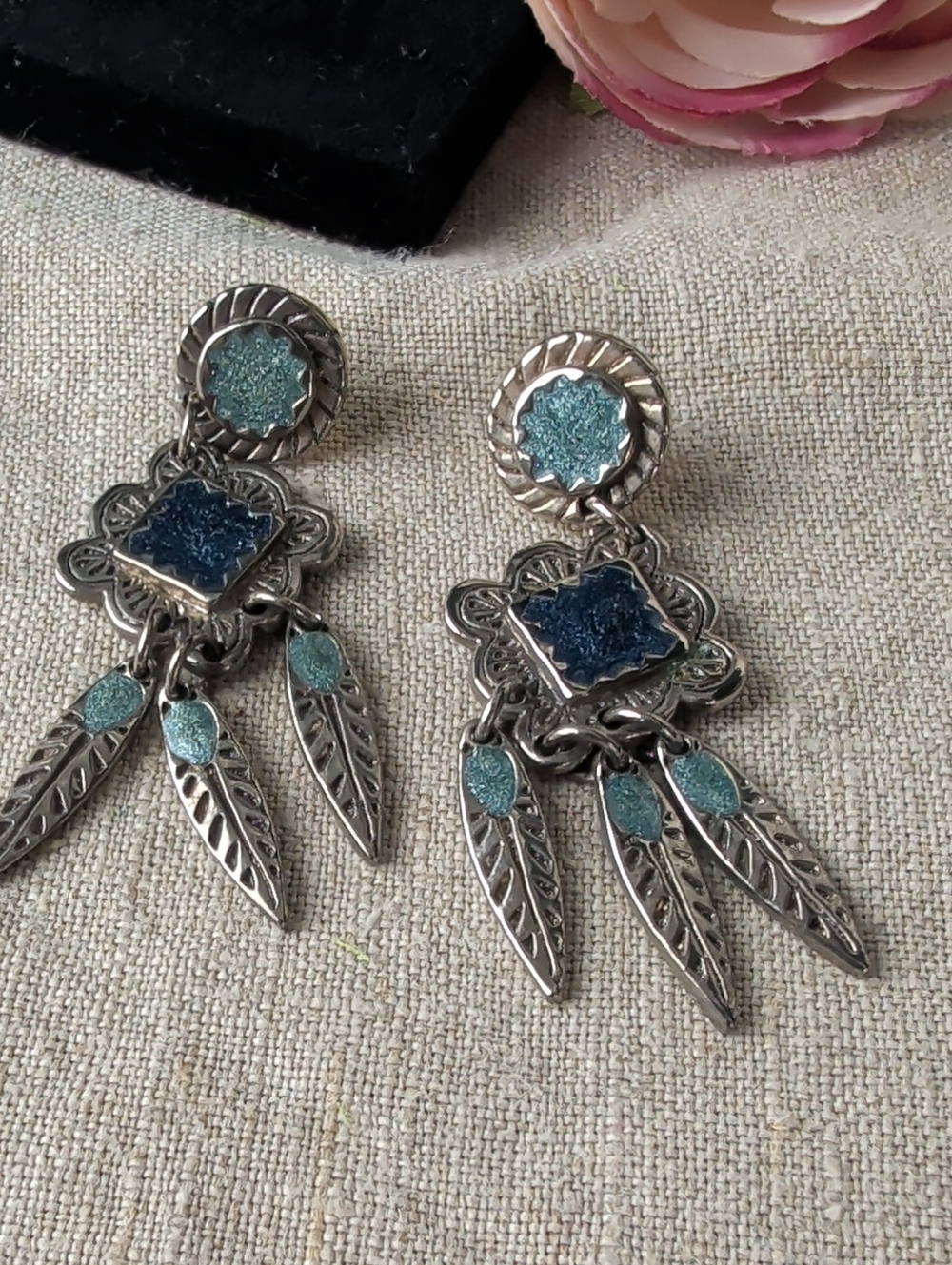 Vintage Edgar Berebi Signed Blue Enamel Feather Dangle Earrings Boho Statement